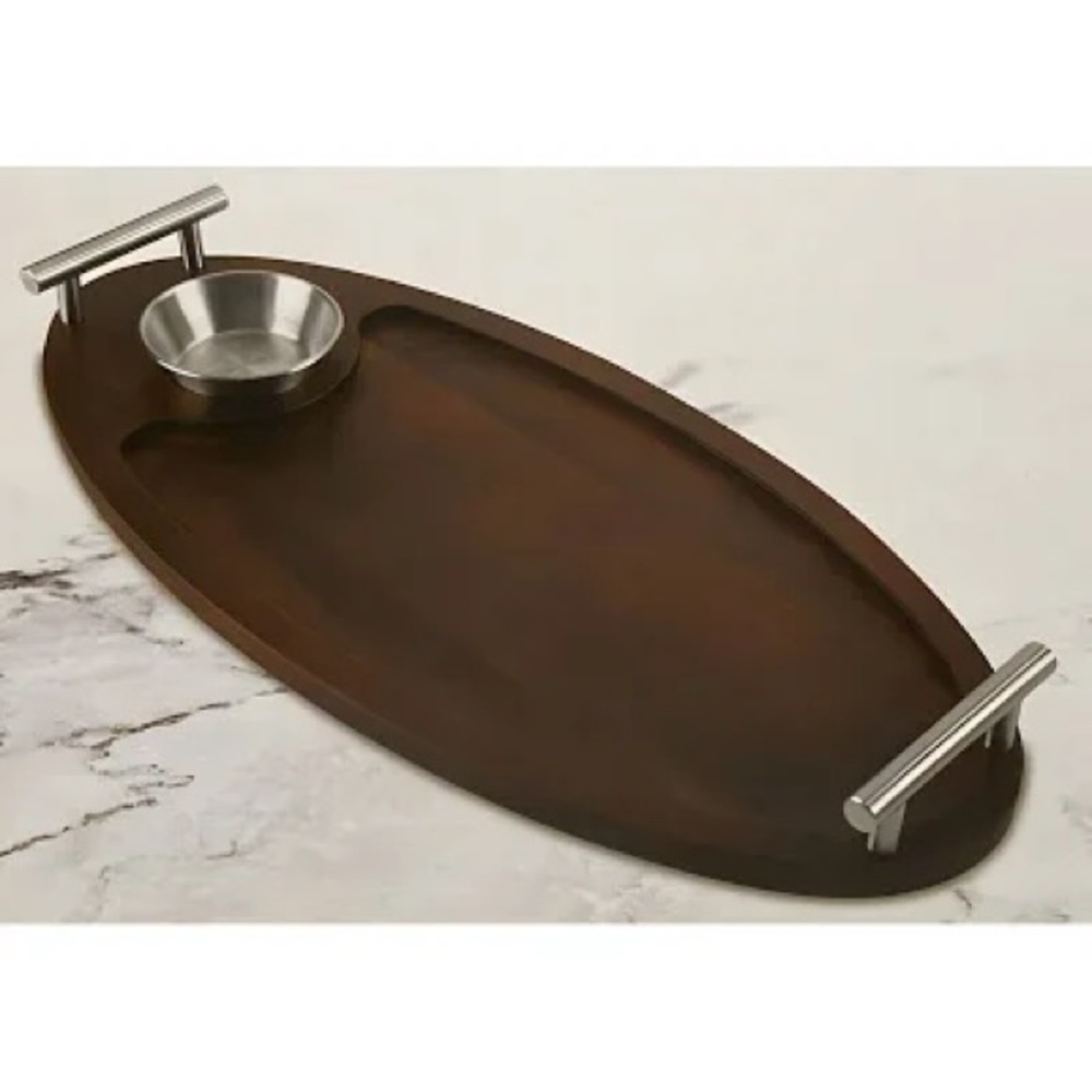 Servappetit Handled Acacia Wood Serving Board w/ Dip Bowl 18"x8.5" Oval, Brown